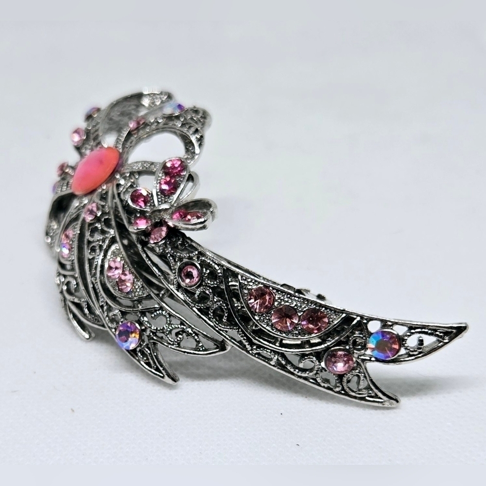 Vintage Silver & Pink Jeweled Hair Barrette – Victorian Style Accessory - Picture 4 of 8